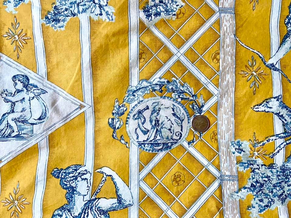 Tissu Toile de Jouy Diane fond jaune et bleu vue 2