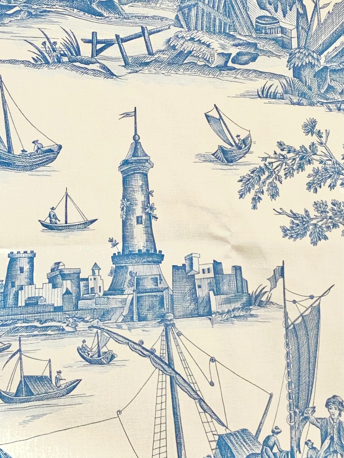 Toile de Jouy "la pèche maritime" fond bleu vue 2