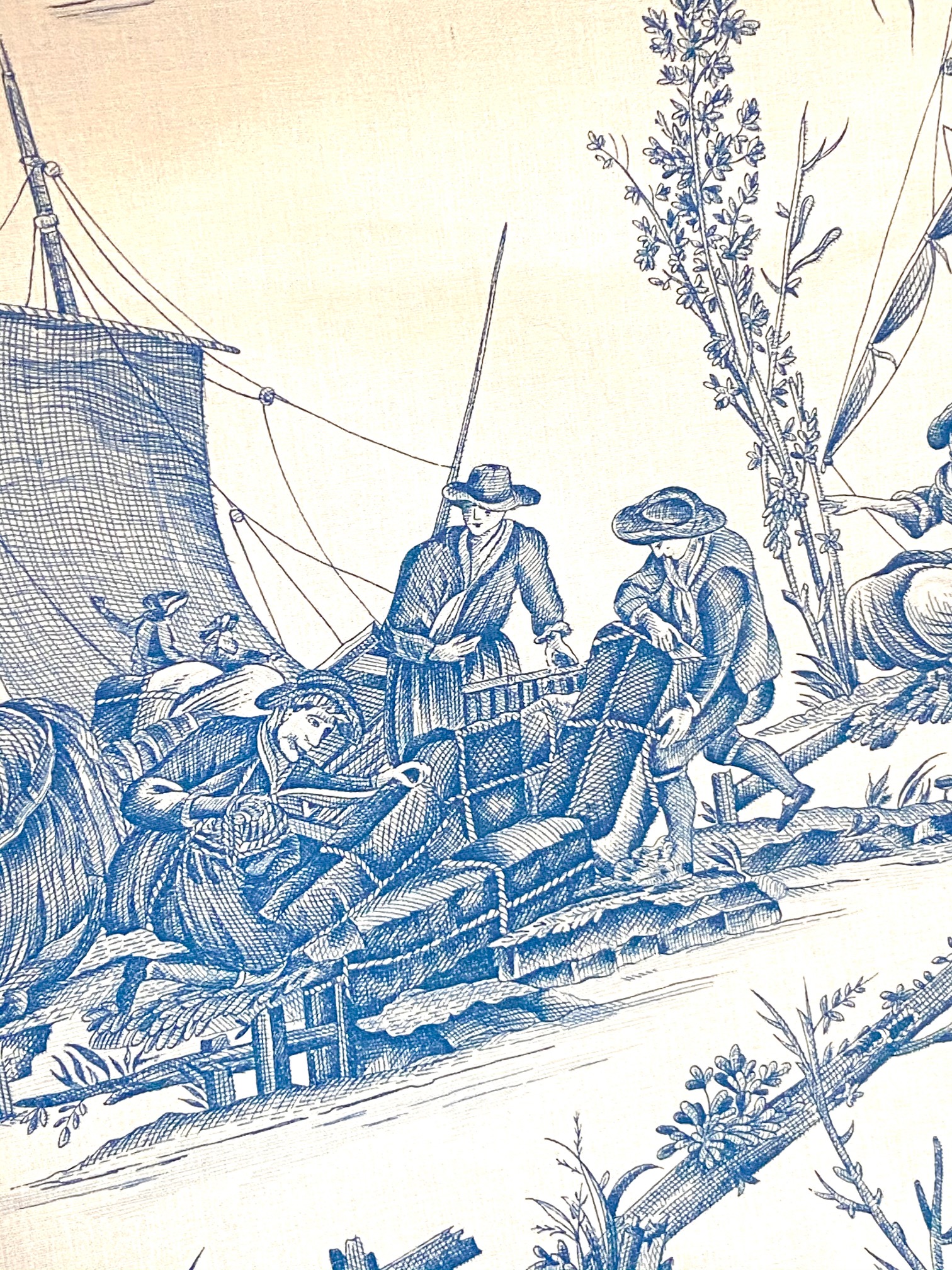 Toile de Jouy "la pèche maritime" fond bleu vue 3