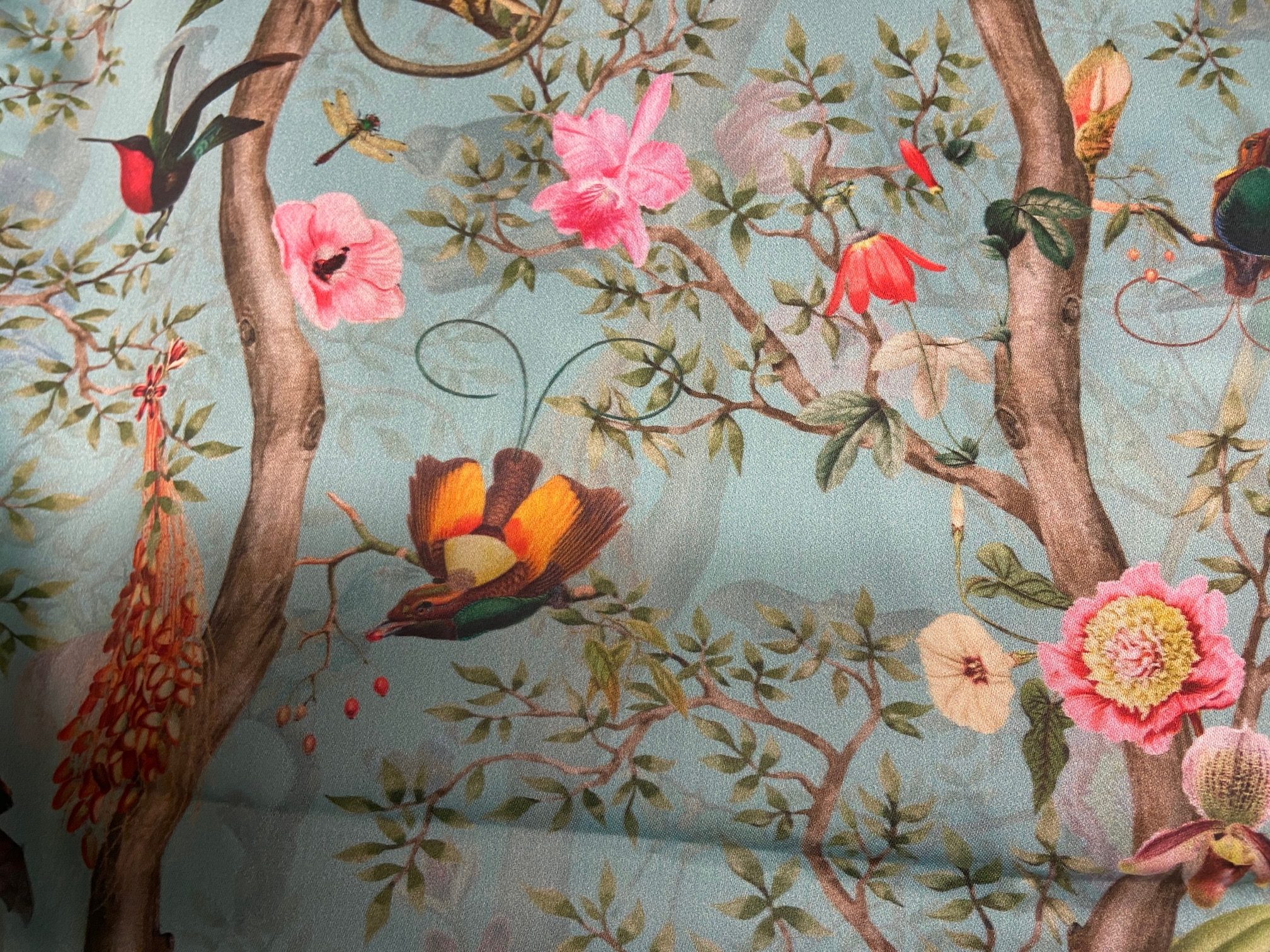 Tissu colibris singes fond bleu vue 2