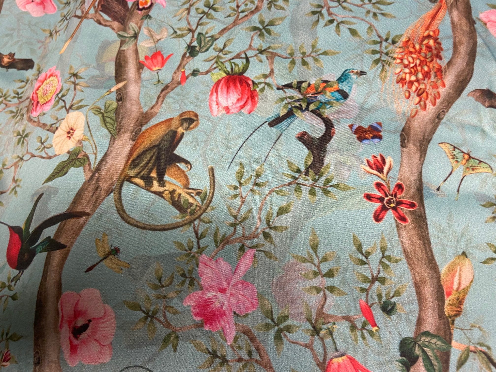 Tissu colibris singes fond bleu vue 3