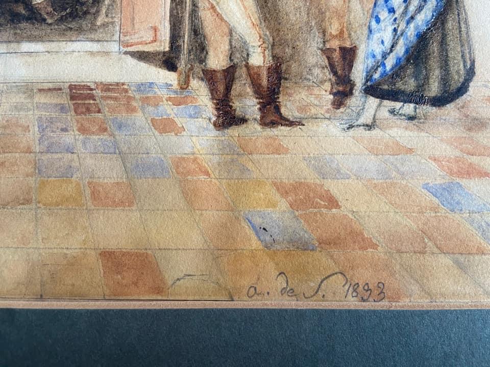 Aquarelle scène d'auberge, mousquetaires, parties abimées vue 2