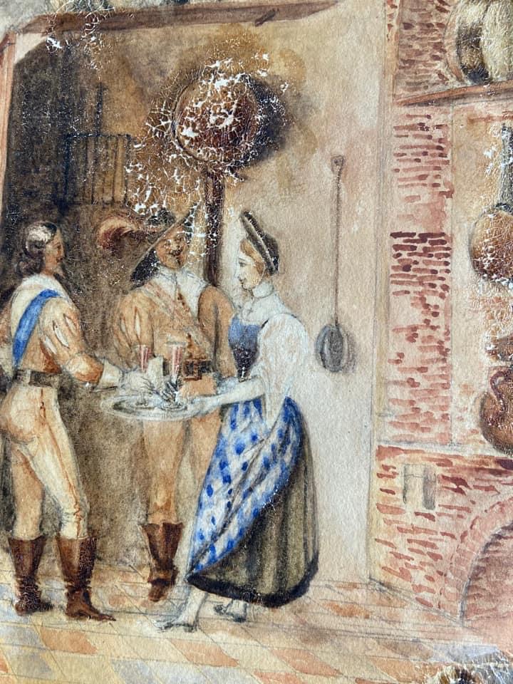 Aquarelle scène d'auberge, mousquetaires, parties abimées vue 3